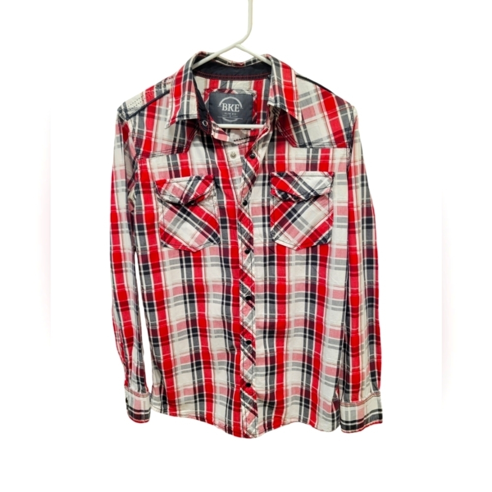 BKE Buckle Shirt Men Size Smal Pink,Plaid Long Sleeve Button Athletic Fit Casual